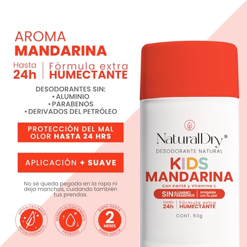 NaturalDry Kids - Pack de 2 desodorantes Kids infantiles unisex Natural para niños y niñas - Duración hasta 24 horas - Deodorant natural - Aroma Mandarina - En barra