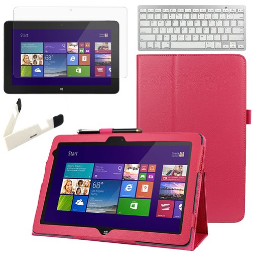 BIRUGEAR SlimBook Leather Folio Stand Case w/ Keyboard, Screen Protector for Dell Venue 11 Pro (Pro11-6363LK) (64GB) - 10.8 inch Windows 8.1 Tablet (Hot Pink Case)