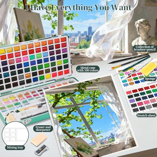 Water Colors Paint Set,Travel Watercolor Painting Set with Metal Case,Watercolor Painting Set Includes Brushes,Palette,8 Sheets of Watercolor Paper,Suitable for Beginners,Artists (128 colors)