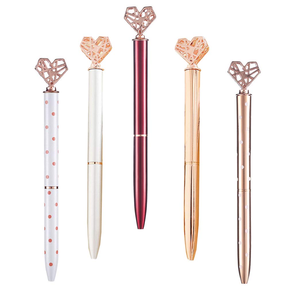 5pcs Creative Ballpoint Pens with Heart Topper Multicolor Metal Writing Pens Signature Pens Stationery Supplies School Reward Assorted Color
