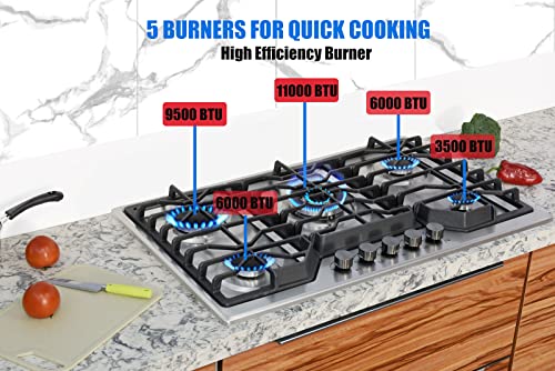 Hothit 5 Burner 34 inch Gas Cooktop - 36000 BTU Stainless Steel Range Top, Convertible Propane/Natural Gas Cooker