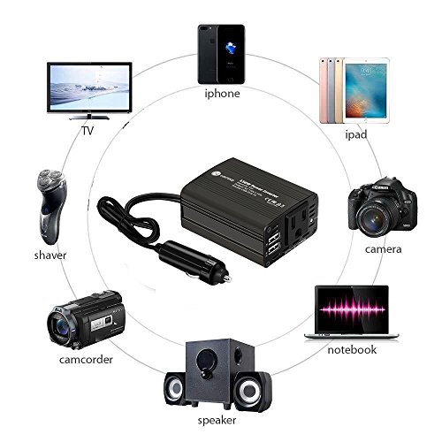 WINTEKD 150W Car Power Inverter DC 12V to 110V AC Converter with 3.1A Dual USB Charger Adapter (Black) - Thumbnail 4
