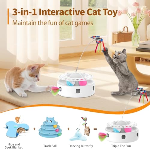 Soarer Cat Toys 3-in-1 Automatic Interactive Kitten Toy, equipped with 4 replaceable accessories, touch rolling ball, dual power mode, suitable for indoor cats and adult cats