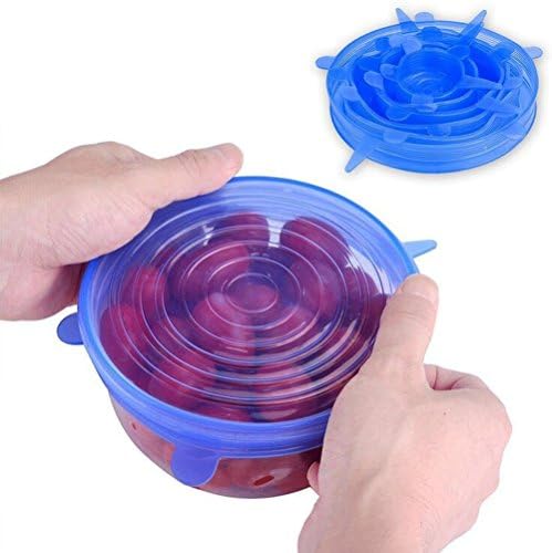 6 Pack Silicone Stretch Lids, Reusable Covers for Keeping Food Fresh, Dishwasher and Freezer Safe - Blue