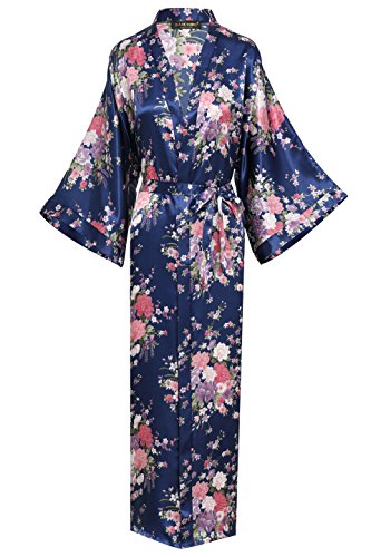 BABEYOND Womens Kimono Robe Long Floral Wedding Robes For Bridesmaids Kimono Nightgown Sleepwear 53" Long (Blue)