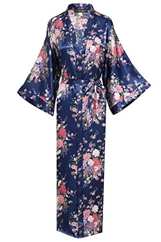 BABEYOND Womens Kimono Robe Long Floral Wedding Robes For Bridesmaids Satin Silk Kimono Nightgown Sleepwear 135cm Long (Blue)