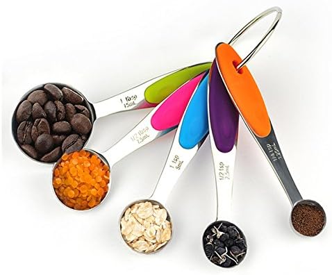5pcs Stainless Steel Measuring Spoons Set for Dry and Liquid Ingredients With Slip Resistant Silicone Handles and Ring Holder - SUNUNICO Perfect for Baking &amp; Cooking