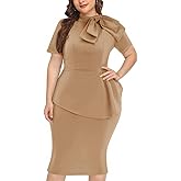 WanMem Plus Size Dress for Curvy Women Semi Formal Cocktail Party Midi Dress Bodycon Short Sleeve Bow Ruffle Pencil Dresses