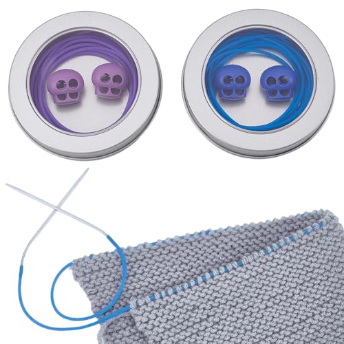 NBEADS 4 Pcs Stitch Stopper Set, 2 Colors Oval 2-Hole Plastic Cord Locks with 6m Round Silicone Cord Crochet Supplies Needle Tip Stoppers for Hand Knitting and DIY Craft, Purple/Blue
