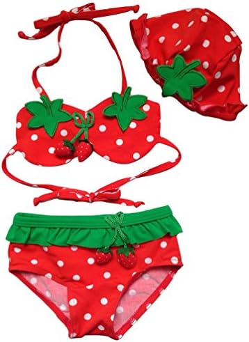 Strawberry Cartoon 3 Piece Baby Girl Bikini Swimwear (4T, Green & Red)
