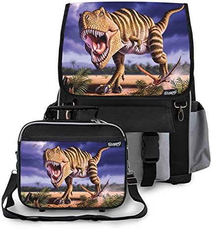 Striped T-Rex Dinosaur School Backpack and Lunchbox for Boys, Girls, Kids (Black)