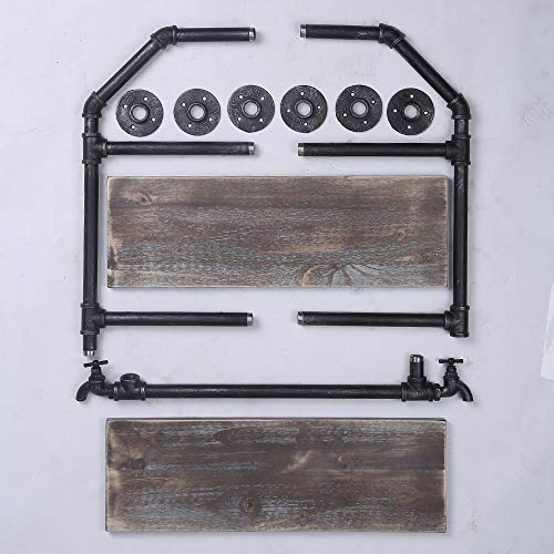 Industrial Bathroom Shelves Wall Mounted 2 Tiered,Rustic Pipe Shelf with Towel Rack Bathroom Shelf Over Toilet,24in Iron Pipe Shelving with Towel Bar,Farmhouse Wood Shelves Metal Floating Shelves