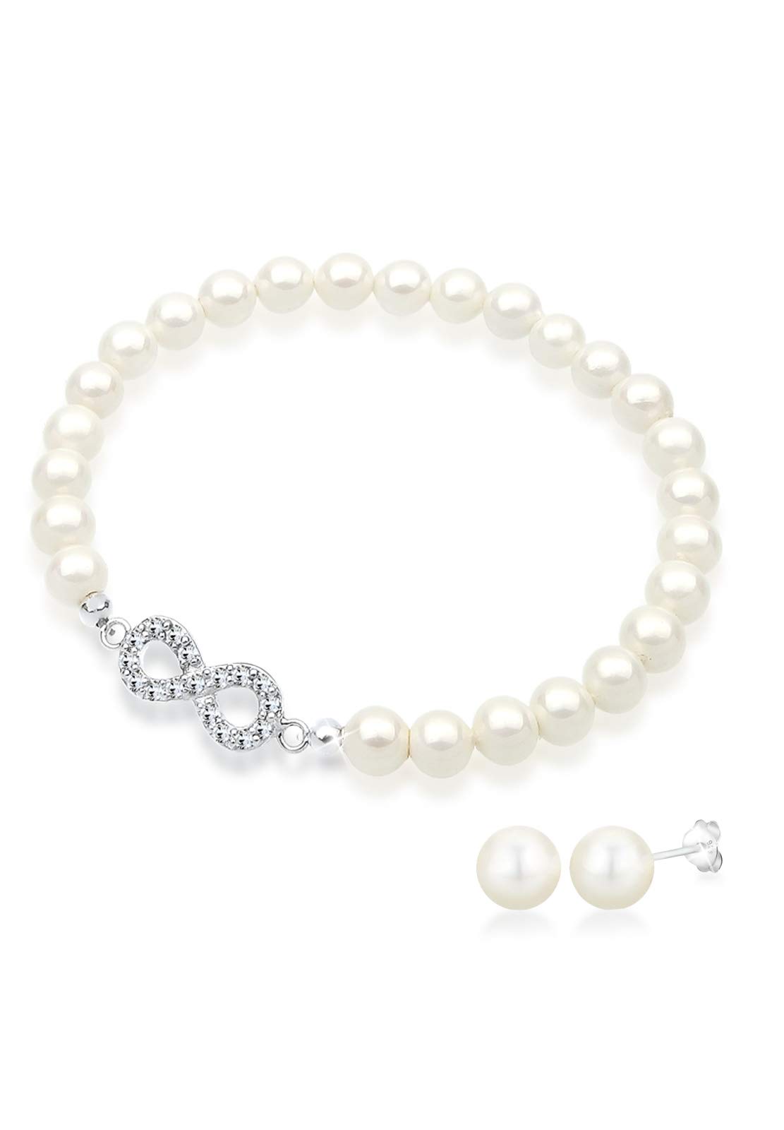 Elli Women's 925 Sterling Silver Xilion Cut Crystal Simulated Pearl Jewellery Set - 18cm length