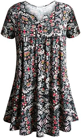 DSUK Women's Split Neck Short Sleeve Pleated Floral Button Casual Tunic Tops