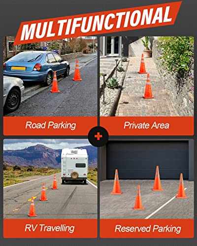RoadHero 28 Inch 4 Pack Collapsible Traffic Safety Cones, Multi Purpose Pop-up Cones with Reflective Collar for Road Safety, Orange Cones for Driving Training, Parking Lots