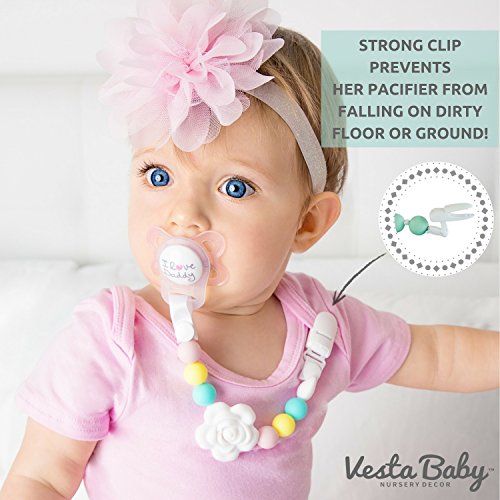 Vesta Baby Pacifier Clips with Silicone Teething Beads for Girls, 2 MAM Pacifier Clip Adapters, Soothie Pacifier Holder & Baby Teether Holder, Universal Binky Clips are Best Baby Girl Gifts, Set of 2