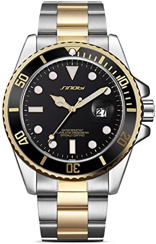 Takyae Mens Watch Luxury Sapphire Glass Luminous Sliver Gold Stainless Steel Quartz Wristwatch Black