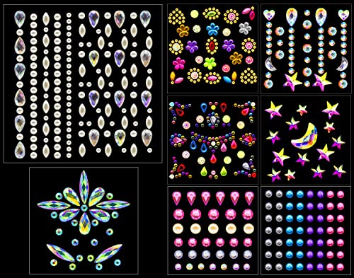 Eye Body Face Gems Jewels, 8 Sheets Self Adhesive Rhinestone Stickers, DIY Rhinestones for Makeup Stick on Nail Face Gems Jewels for Women Festival Nail Art Decorations