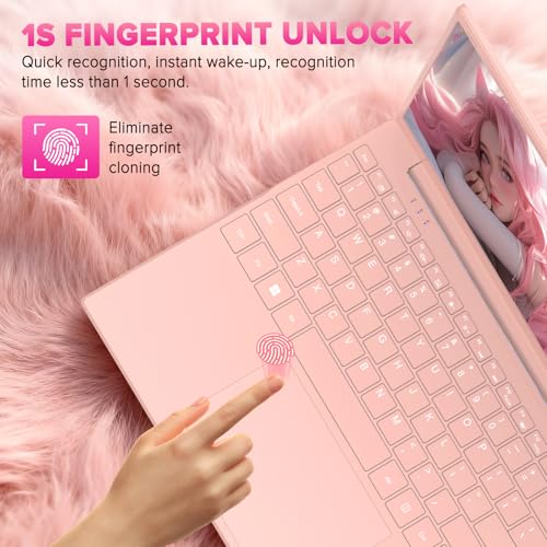 Auusda Lightweight Portable Pink Laptop, Win 11 Pro, 4-Core Processor,15.6" FHD IPS, Backlit Keyboard, Privacy Camera, Fingerprint Reader, USB 3.0, HDMI, for Business Work Study, 8GB RAM 128GB SSD | Backlit Keyboard, Fingerprint Sensor, USB 3.0*2, 6000mAh, Ideal for Student & Business