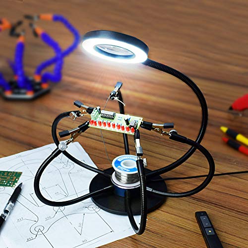 Toolour Helping Hands Third Hand Soldering Tool Aluminum Rotary Base 6 Metal Flexible Arms and Aid Vise, 42 LED Beads USB 3X Magnifying Lamp for Electronics Repair Modeling Woodwork Jewel Hobby Crafts