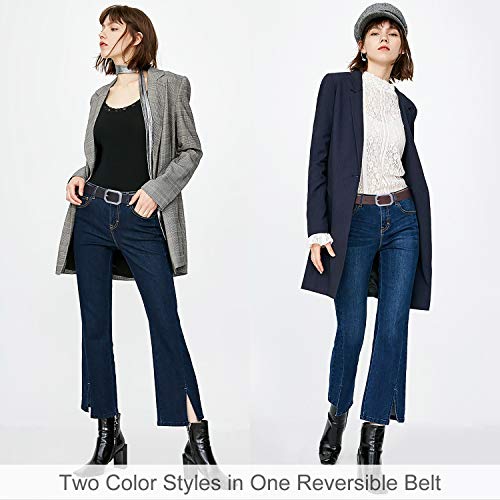 Reversible Women Leather Belt, Reverse Lady Belt for Jeans with Rotated Buckle, A-Black/Coffee, Perfect for Pants 32-36 Inches