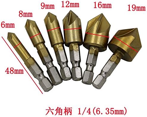 Here4Tool HT23010 1/4''(6.35mm) Hex Shank 5-Flute Countersink Set for Plastic and Wood working 6-Piece