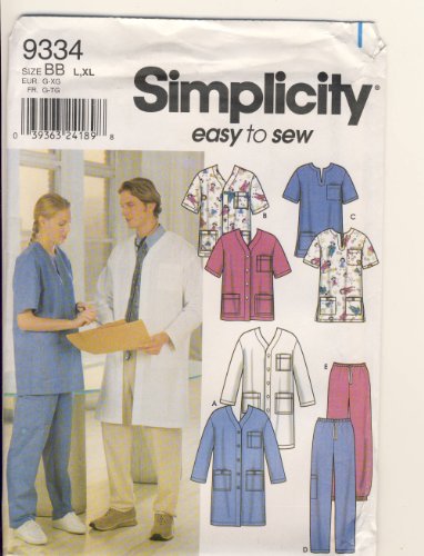 Simplicity Sewing Pattern 9334 - Easy to Sew - Use to Make - Unisex Scrubs - Jacket, Top and Pants - Sizes L (42-44), XL (46-48)