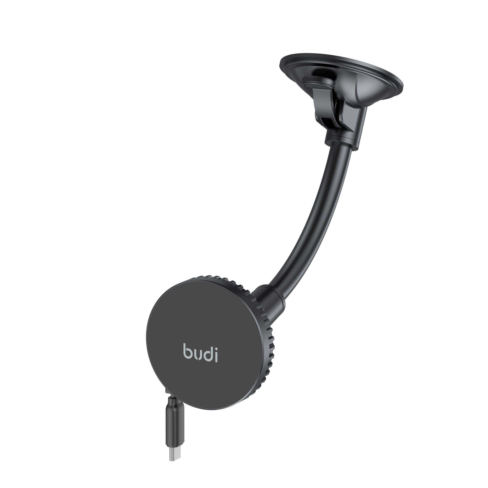 Budi - Universal Magnetic Wireless Car Charger and Holder - Windshield + Vent + Retractable 1m Cable