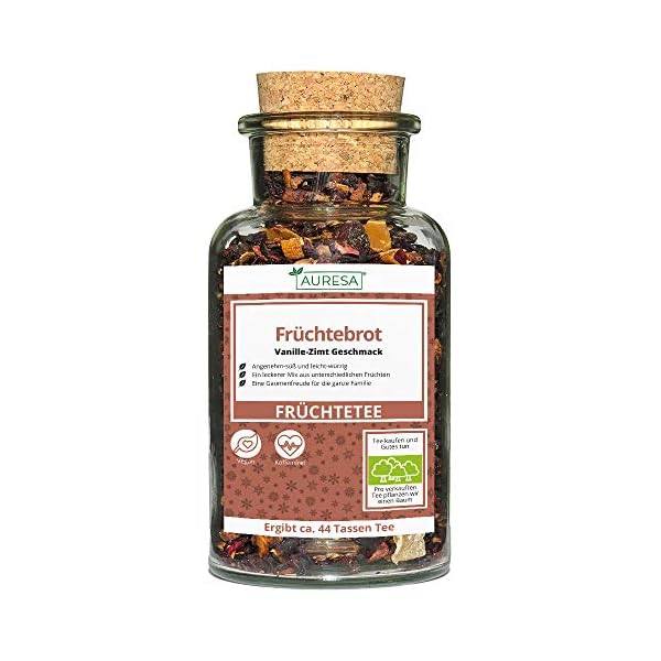 AURESA Früchtetee Früchtebrot im Glas | Früchte und Beeren - 120g | Wiederverwendbare Glasflasche mit Korkverschluss
