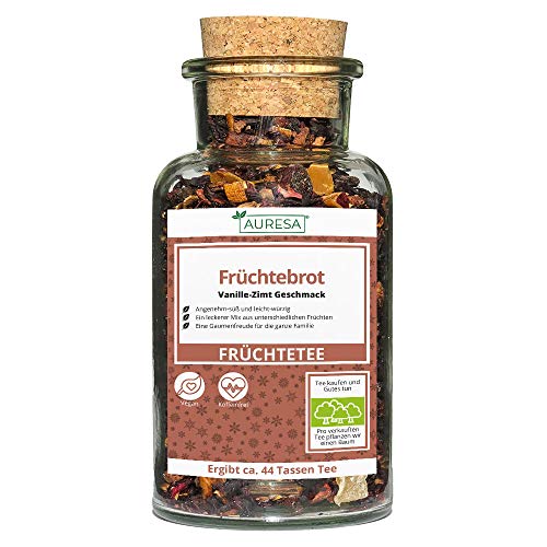 AURESA Früchtetee Früchtebrot im Glas | Früchte und Beeren - 120g | Wiederverwendbare Glasflasche mit Korkverschluss
