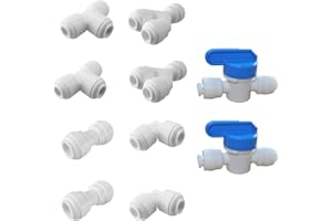 PureSec 3/8 Water Line Fittings 3/8 Push to Connect Fittings for 3/8 OD Tubing(3/8 Ball Valve+3/8 T fitting+Y+L+I, Pack of 10)