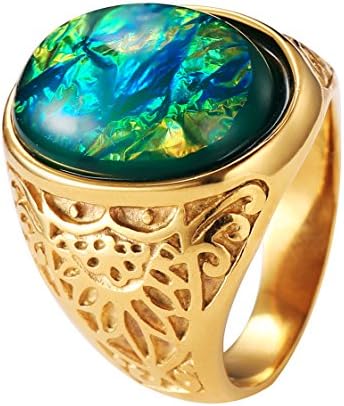 UOKOHO Variational Oval Gemstone Vintage Flower Pattern Carved Stainless Steel Rings