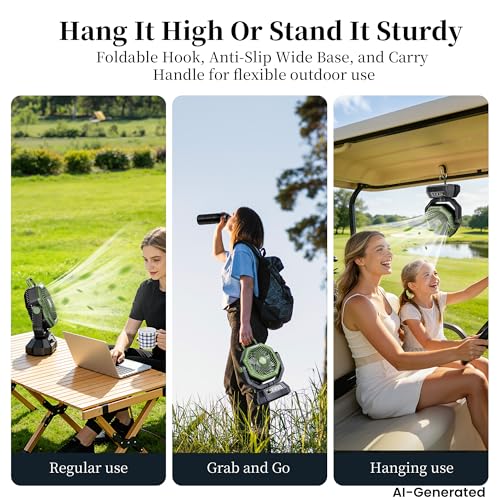 AJVV Camping Fan, Oscillating Battery Powered Portable Rechargeable Hanging Tent Fan with Light and Remote for Camp, Outdoor, Emergency Power Outage, Fishing, RV Travel, Green