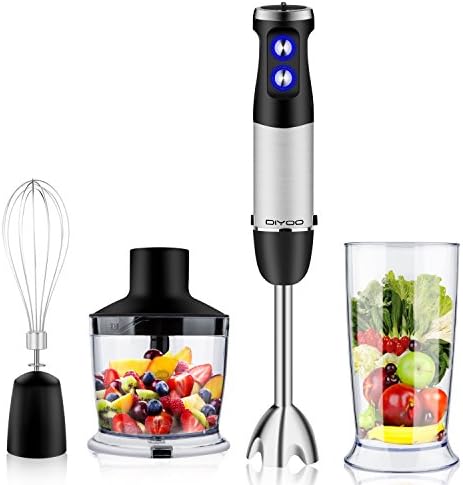 DIYOO Hand Blender Set, 4 in 1 Stainless Steel Hand Immersion Blender 500W with Variable 6 Speed Control Includes Chopper, Whisk and BPA-Free Beaker for Baby Food, Soap, Kitchen