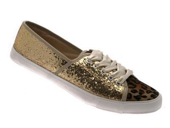  Canvas Plimsoles Lace up Gold Glitter Leopard Print