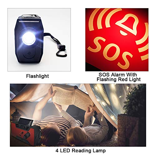 NOAA Weather Radio Hand Crank Solar AM FM 2000mAh Power Bank Emergency Weather Alert LED Flashlight Reading Lamp SOS Alarm with Emergency Blanket (RED) - Thumbnail 2