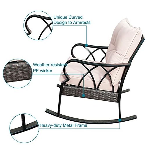 Sunlife Pe Wicker Rocking Chair Patio Rattan Reclining Chair With Thick Tan Cushion And Black Steel Frame For Outdoor Beachfront Decor