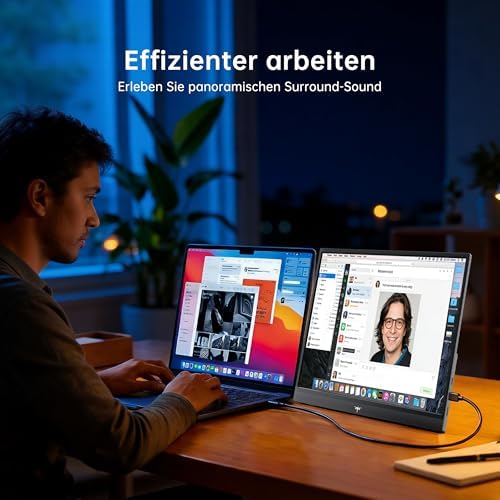 Portable Monitor 15,6" 1080P FHD IPS, USB-C & Mini HDMI Tragbarer Externer Bildschirm, Ultraleichter Reise-Gaming-Monitor mit Standfuß & Lautsprechern, für Laptop/PC/Mac/PS3/PS4/PS5/Xbox, Schwarz