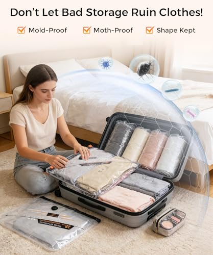 Vacuum Storage Bags for Travel with Rechargeable Cordless Pump, 12 Pack Fast Compression Packing Seal Bags for Clothes Bedding, Luggage, Backpack and Suitcase, Space Saver Storage Organizer, 4S/4M/4L