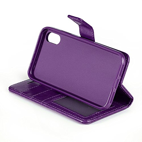 iPhone X Case, HLCT PU Leather Wallet Case, With Soft TPU Protective Bumper, Built-In Stand Kickstand, Cash And Card Pockets (Purple)