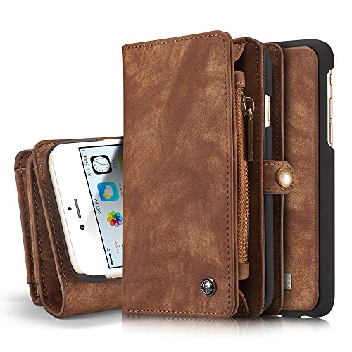 iPhone 6S Case,iPhone 6S Wallet Case,AKHVRS Premium Genuine Cowhide Flip Leather Wallet Case - 14 Card Slot Series [Zipper Cash Storage] Detachable Magnetic Hard Case for iPhone 6/6S 4.7" (Dark brown)