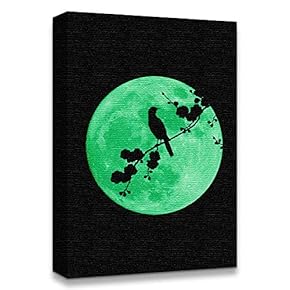 Canvas Wall Art Abstract Green Moon with Pop-up Black Pattern Painting Artwork for Home Prints Framed - 12x18 inches