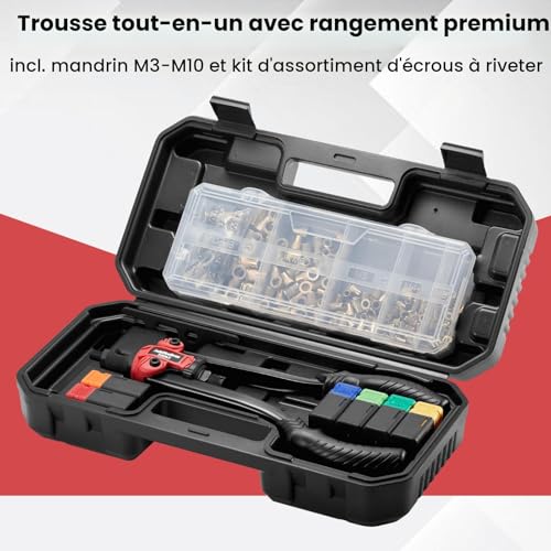 Professional Threaded Insert Pliers 33 cm – Kit with 200 Crimp Nuts in Box in Heavy Duty Case, 6 M3-M10 Chucks, Quick Change, Ideal for Metal and DIY