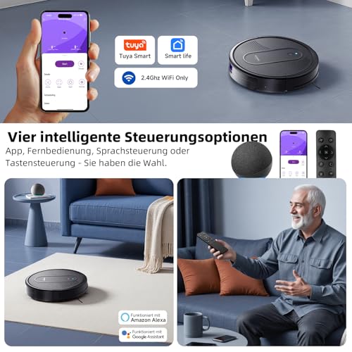 MONSGA Robot Vacuum Cleaner with Mop Function 4000 PA, Suction and Mop Robot 3 in 1.140 min Running Time, 2 Brushes, Vacuum Cleaner Robot with Car Carpet Boost for Pet Hair, Carpet Floors, App Control