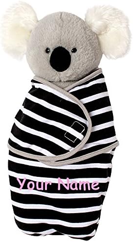 Personalized Swaddle Baby Koala with Black and White Striped Removable Swaddle Blanket Stuffed Animal Toy - 12 Inches