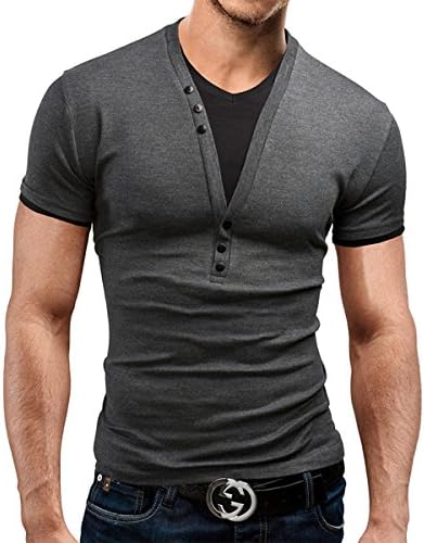 Pishon Men's Henley Shirt Slim Fit Sports Plain Button Layered V-neck Tee Shirts