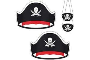 LOVINSHOW 4 Pcs Pirate Hat Classic Skull Print Pirate Captain Costume Cap and Felt Eye Patches for Halloween Cosplay Masquerade Party
