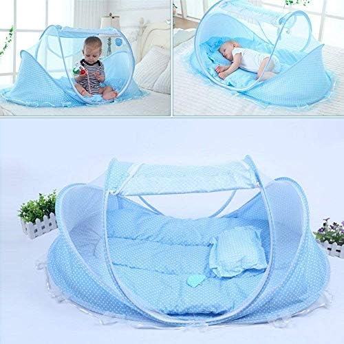 Kidsidol Mosquito Net Tent for Babies 4pcs Sweet Portable Type Comfortable Sealed Mosquito Net with Mattress Pillow Mesh Bag Suitable for Bedroom Home Outdoor Travel (Blue)