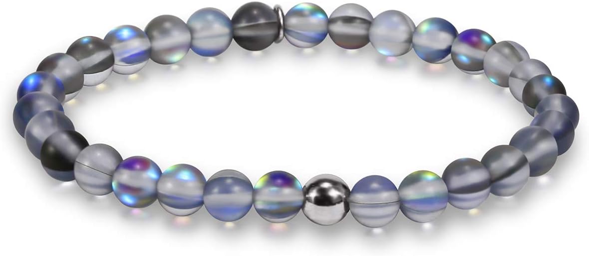 Townshine 6mm Round Moonstone Beaded Bracelet Stretch Mermaid Glass Valentines Bracelet for Women，Couples Beaded Glass Bracelet
