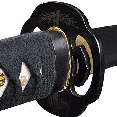 Handmade Sword - Japanese Style Samurai Katana Swords, Battle Ready, Hand Forged, 1045 Carbon Steel, Heat Tempered, Full Tang, Sharp, Bamboo Tsuba, Black Wooden Scabbard Painted Green Bamboo